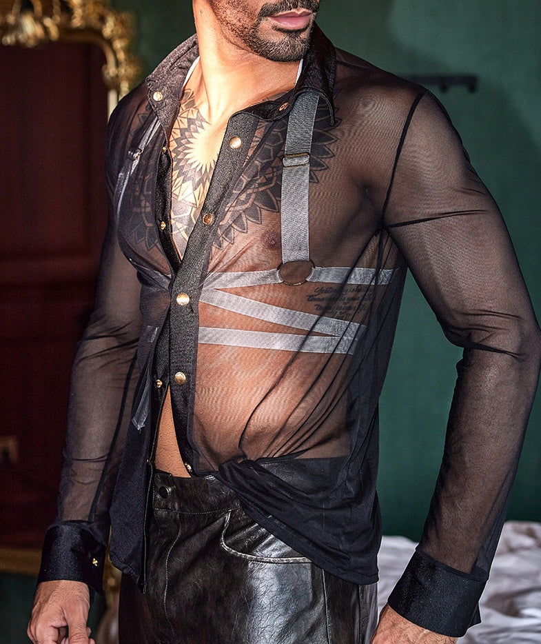 Men's Black Sheer Nylon Button-Up Shirt