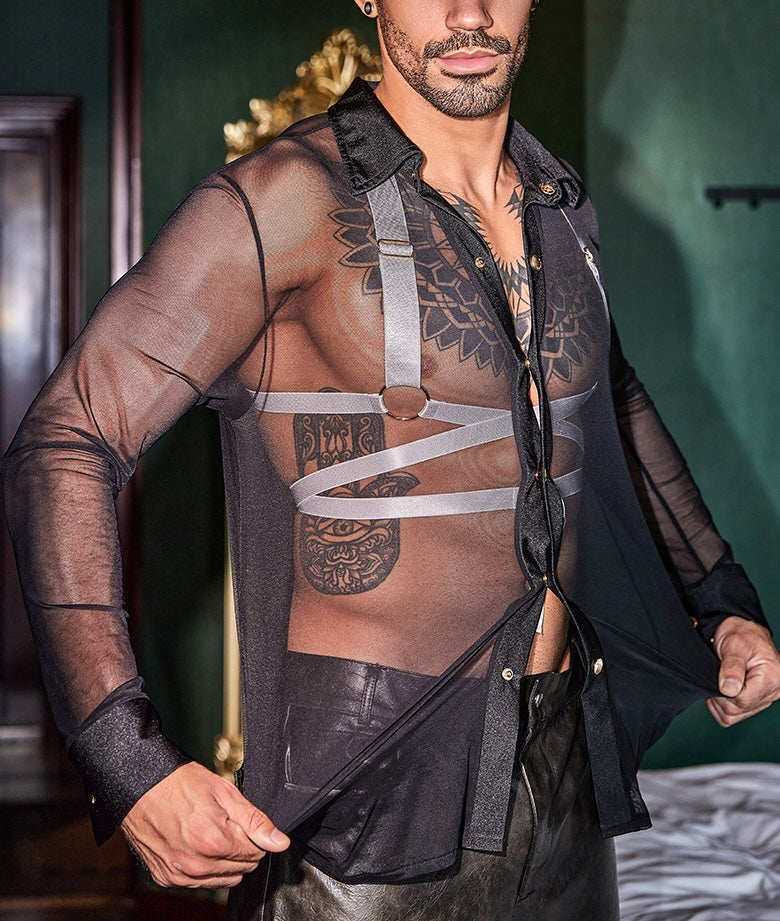 Men's Black Sheer Nylon Button-Up Shirt