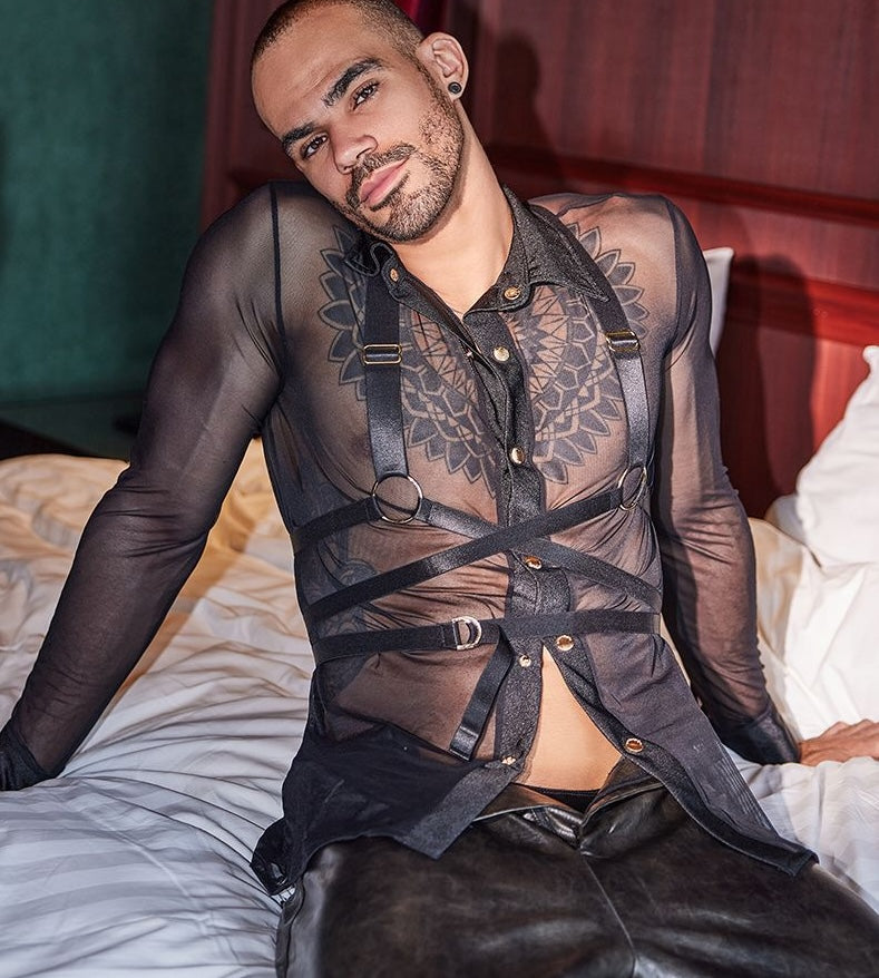 Men's Black Sheer Nylon Button-Up Shirt