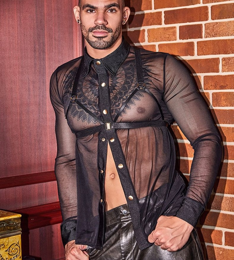 Men's Black Sheer Nylon Button-Up Shirt