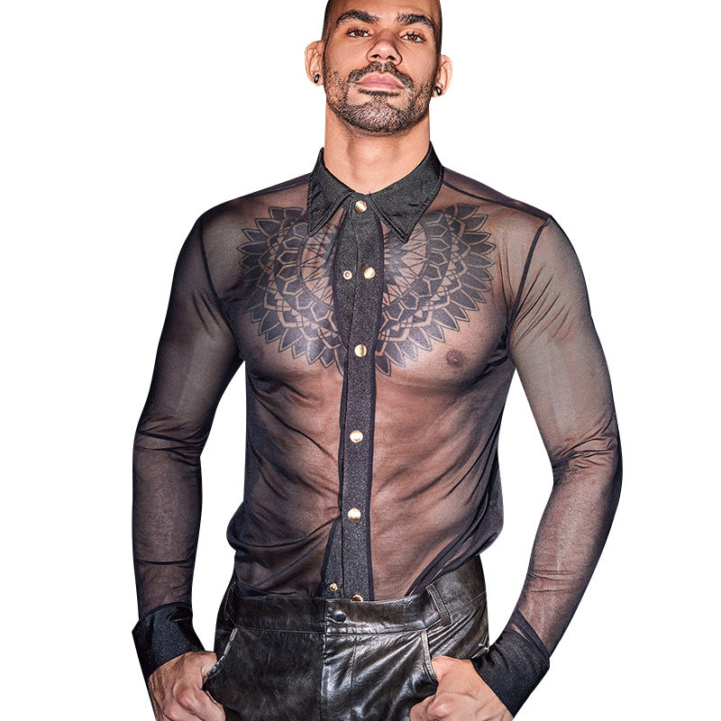Men's Black Sheer Nylon Button-Up Shirt